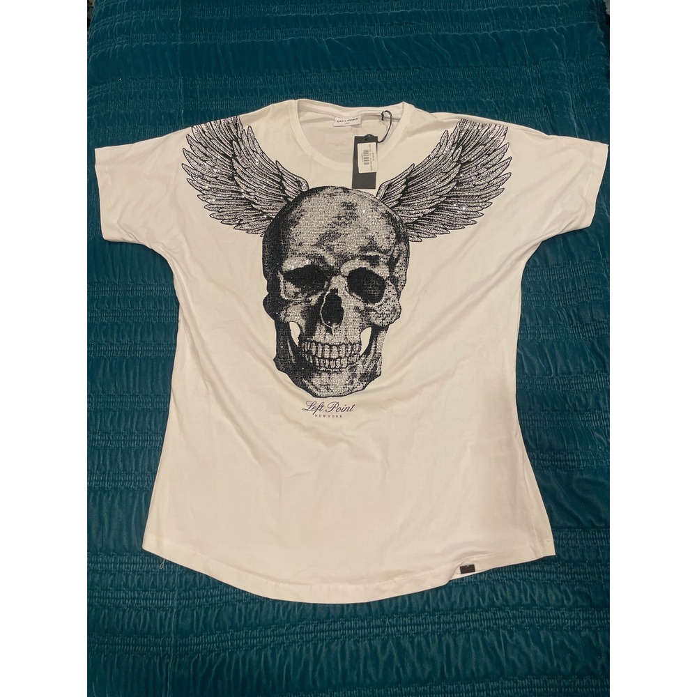 Left Point Mens Skull Wings Graphic T Shirt 3XL Silver White Crew Neck